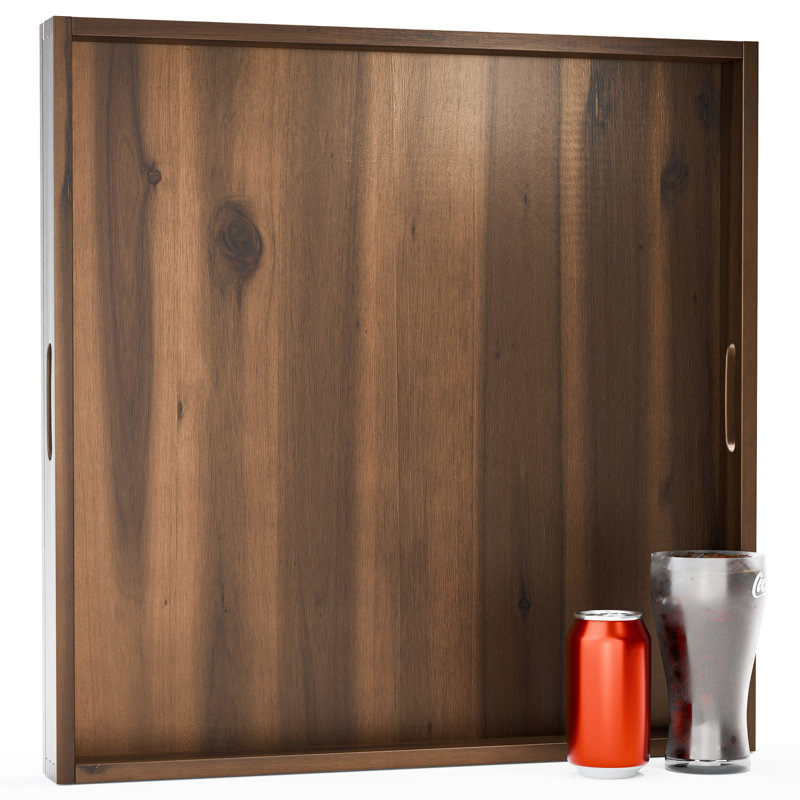 24 Inch Solid Wood Square Decorative Tray With Handles - Serving Tray Ottoman Tray, Walnut, 24"W x 24"D x 2.4"H