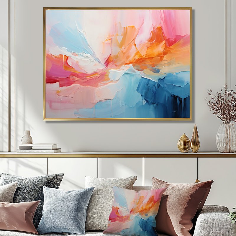 «Pink Bliss Sunset Celebration», art mural abstrait, Toile avec cadre flottant or, H 24 po x l 32 po x P 1 po
