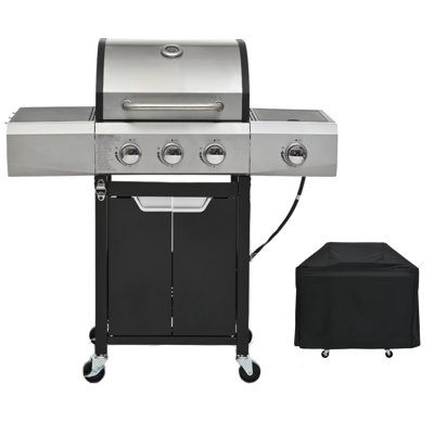 Portable 3-Burner Propane Gas Grill with Side Burner & Waterproof Cover, 40500 BTU, Stainless Steel, Outdoor BBQ Grill -  OASISY INC, OSYCE0206-WY236