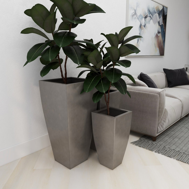 Galerie 3 Piece Metal Indoor Outdoor Planter with Tapered Base Set, Light Gray