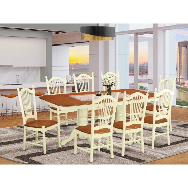 9 Piece Dining Table Set Includes a Rectangle Wooden Table with Butterfly Leaf and 8 Dining Room Chairs, 40x78 Inch, Buttermilk & Cherry
