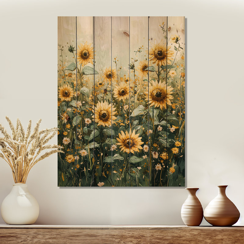 Yellow Sunflowers Garden Meadows - Sunflowers Wood Wall Art - On Natural Pine Wood, 32" H x 24" W x 0.78" D