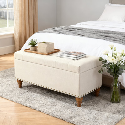 Ottoman Storage Bench With Rivet Trim Decoration &Recessed Support Hinge Top