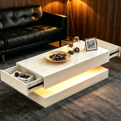 High Gloss White Coffee Table with Led Light Side Drawer Storage