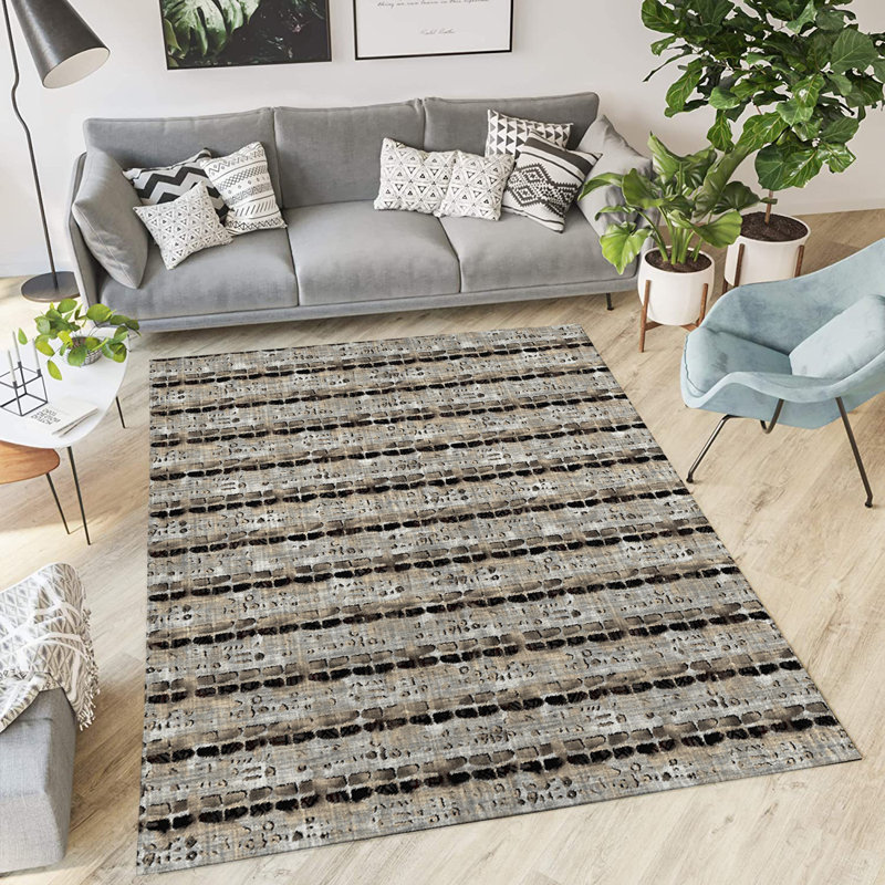 Tapis brun / gris en polyester tissé à la machine, Rectangle 2 pi x 3 pi
