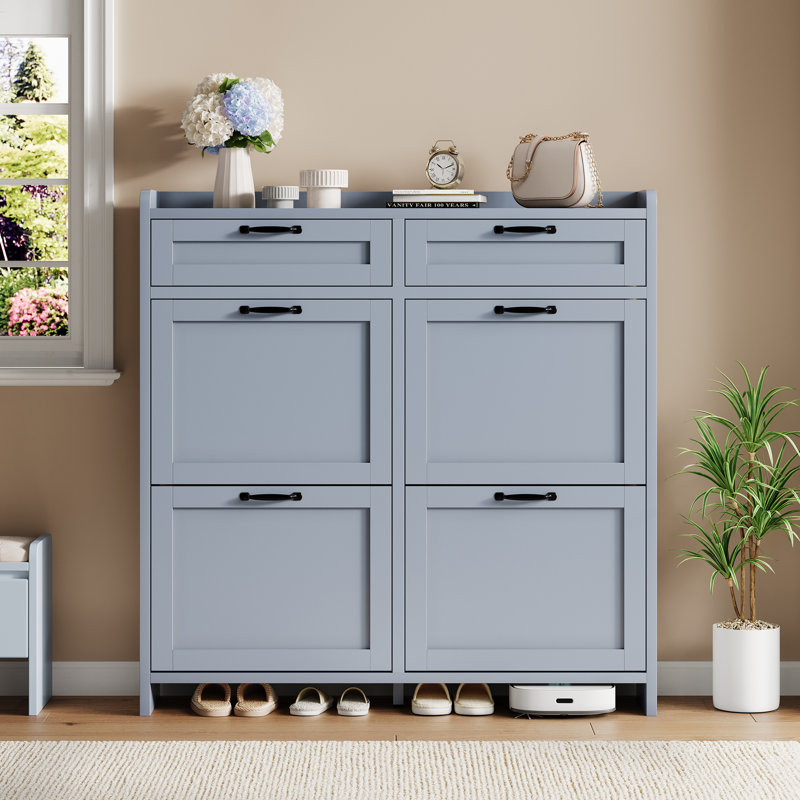 High-Gloss Shoe Cabinet with 4 Flip Drawers & 2 Top Drawers, Freestanding Entryway Organizer for Hallway or Living Room, Blue
