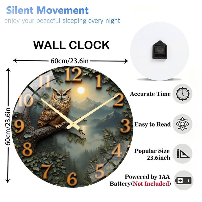 Owl Home Wall Clock Art - 24‘’ Modern Glass Wall Clock