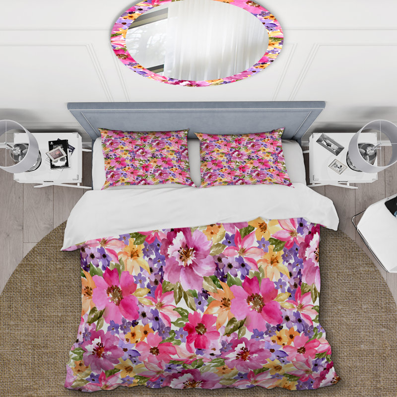 Fleurs d'été mauves - Ensemble de housse de couette floral - Microfibre de polyester, Twin Duvet Cover + 2 Standard Shams