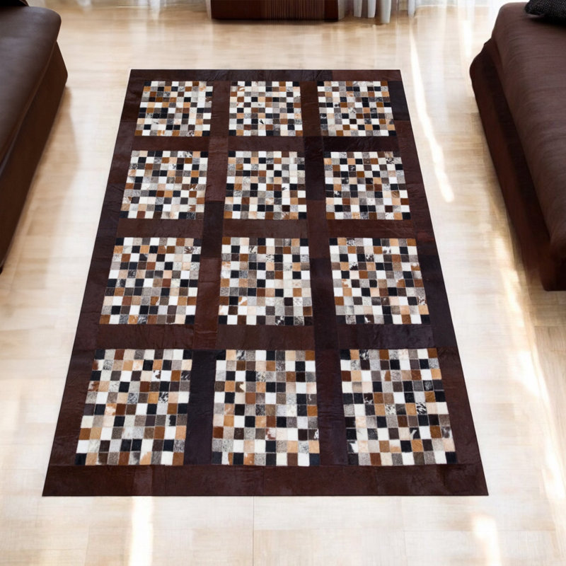 Tapis en cuir de vache brun foncé à carreaux, Rectangle 6 pi x 9 pi