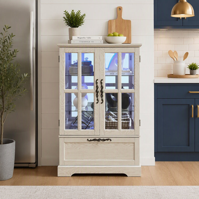 Vitrine avec tiroir rabattable, lumières RVB et tablettes réglables, White