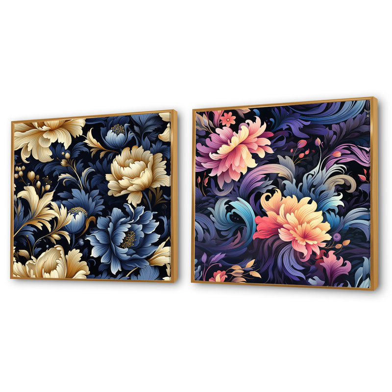 «Celestial Blue Damask Mirage» - Ensemble de 2 collages carrés botaniques abstraits, Cadre flottant doré, H 30 po x l 61 po