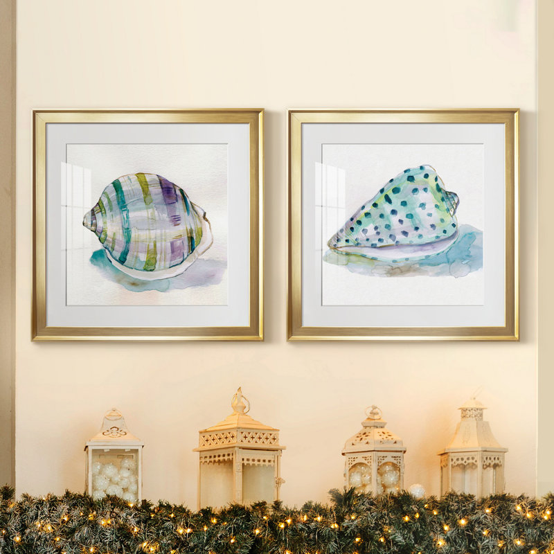 Malecon Shell III - ensemble de 2 reproductions d'art sur toile tendue, Papier avec cadre doré, Blanc