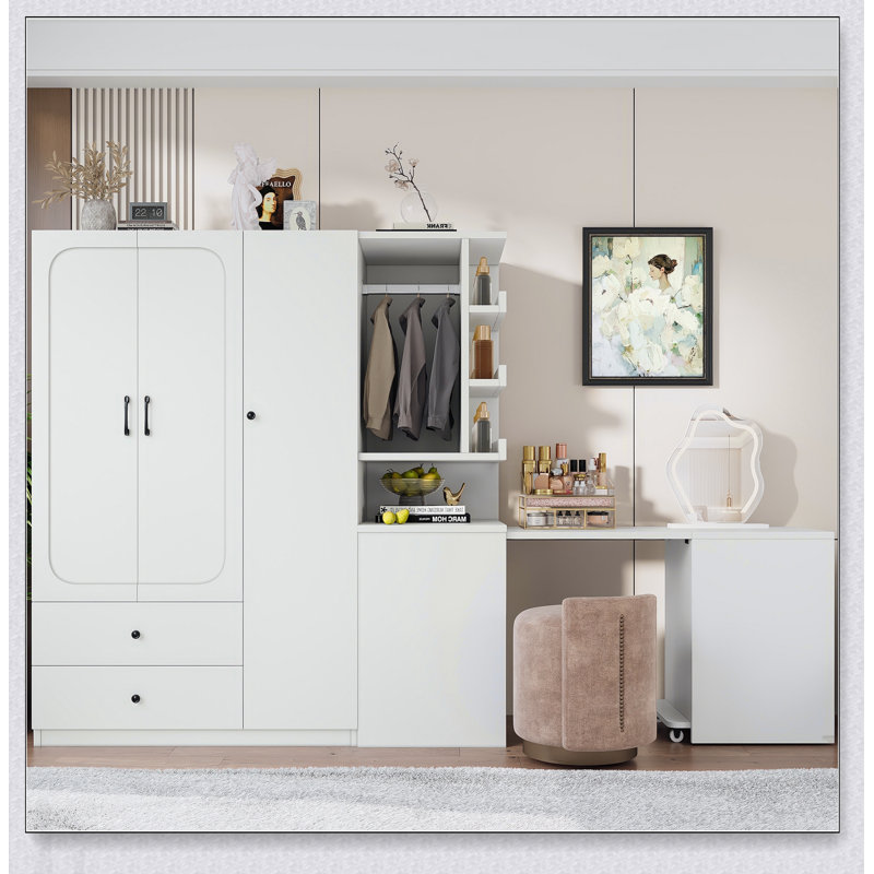 Armoire multifonctionnelle en bois avec 2 portes, tringle, bureau convertible et tiroirs de rangement pour une utilisation efficace de l'espace dans les chambres et les vestiaires