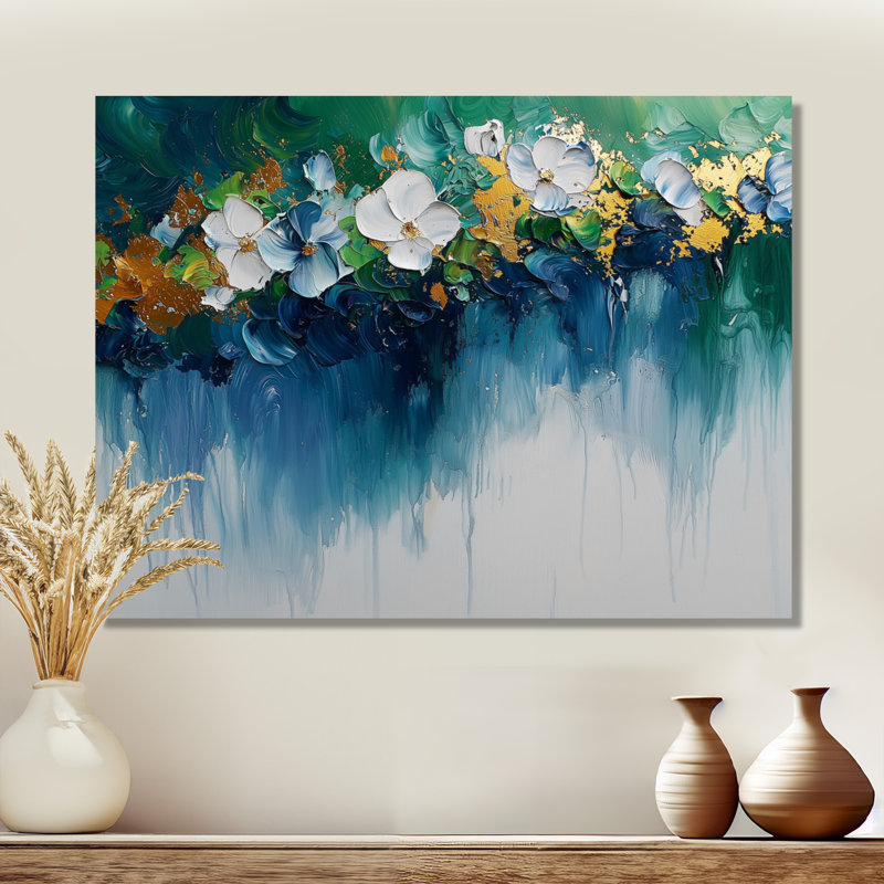 Vert néo-expressionniste de fleurs de bruine rythmique I - art mural néo-expressionniste pour le salon, H 12 po x l 20 po