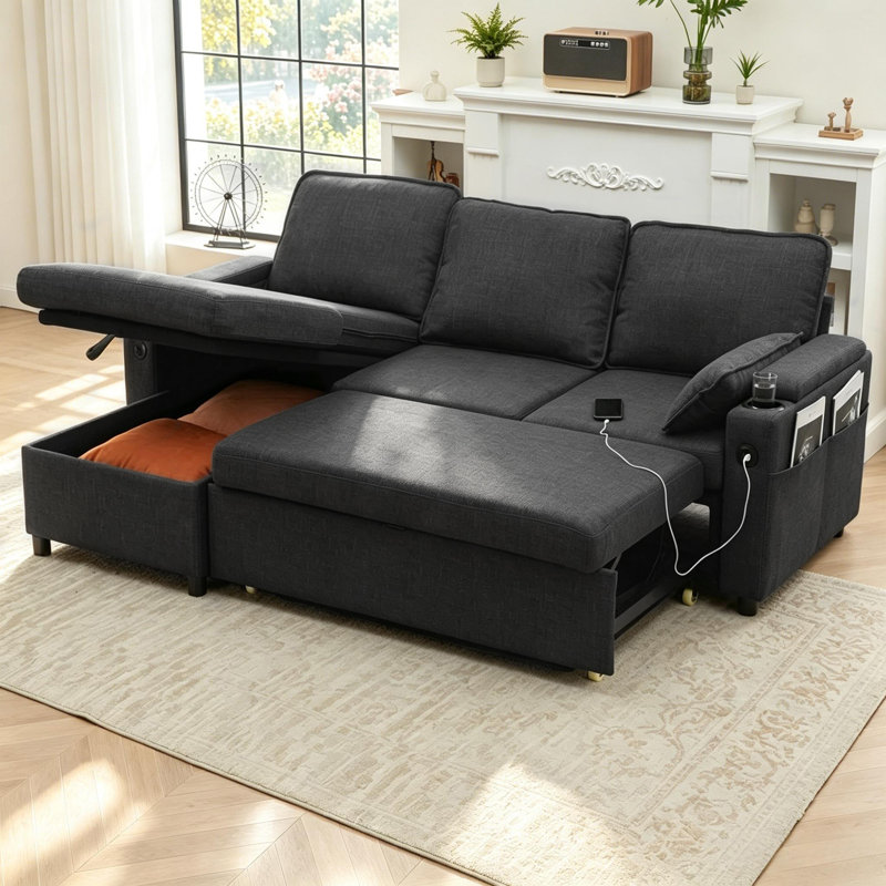 L Shaped Sofa Sleeper & Chaise, Dark Grey