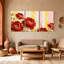Plantes et fleurs, pivoines rouges, feuilles dorées, fond rayé, ensemble de 3 impressions murales sur toile-274176999