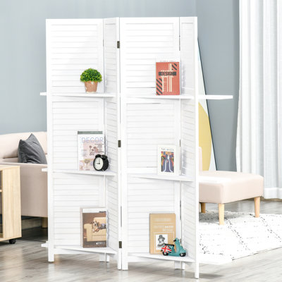 Paravent 67 po en bois à 4 panneaux, 3 tablettes de présentation, pliable pour le bureau de la maison et de la chambre à coucher, paravent blanc avec bureau / chambre à coucher