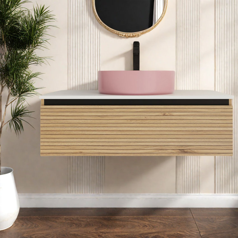 Meuble-lavabo mural moderne avec lavabo en céramique rose, élégant et écologique