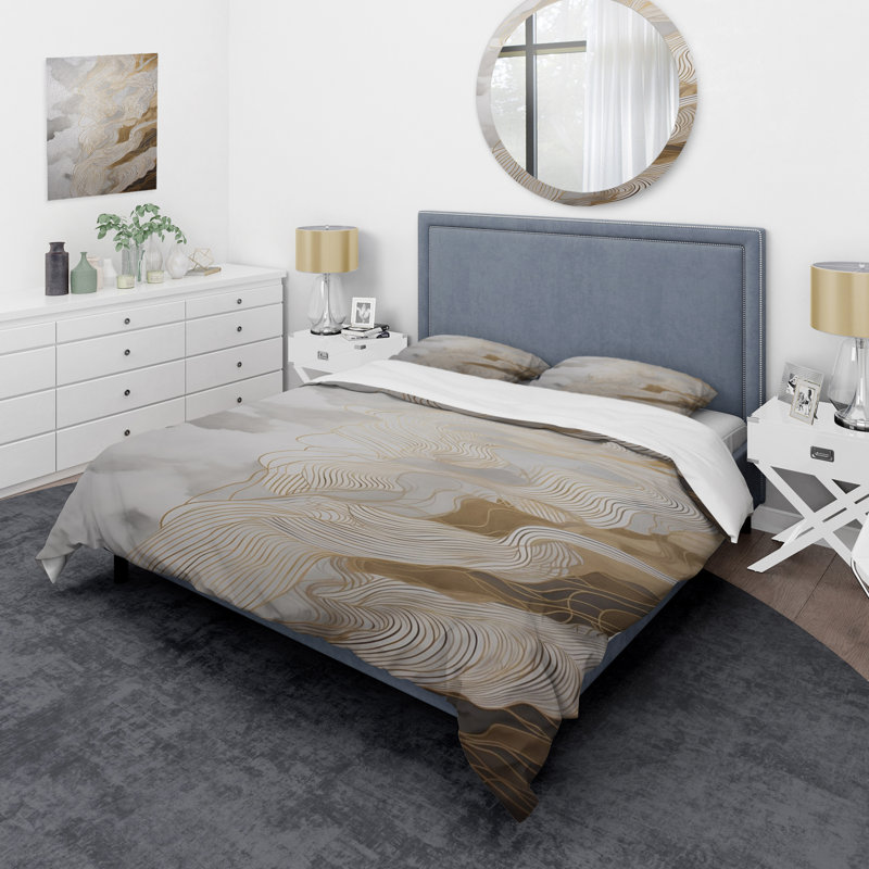 Ensemble de housse de couette en microfibre / polyester doré et gris, Housse de couette pour grand lit et 2 taies décor