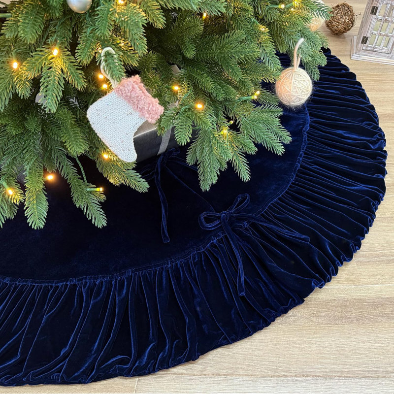 Jupe d'arbre de Noël en velours à volants, tissu épais doublé de mousse épais avec attaches en dentelle moelleuse,, 60"