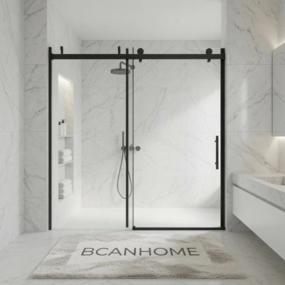 BCANHome Porte de douche coulissante sans cadre avec système d'amortissement tampon l 56 à 60 po x H 76 po | Verre trempé de 10 mm (3/8 po), quincaillerie antirouille en acier inoxydable, film antidéflagrant, coulissant facile à nettoyer et lisse, robuste et durable