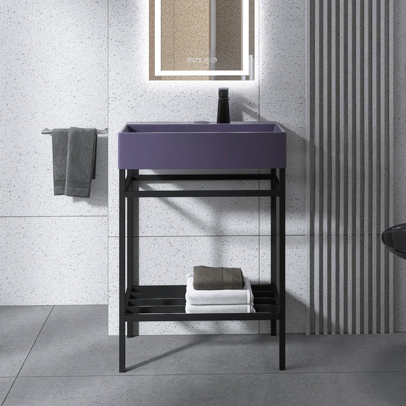 Meuble-lavabo autoportant blanc l 24 po x P 14 po x H 34 po avec plateau en céramique blanche, Mauve, Noir, noir, noir, noir