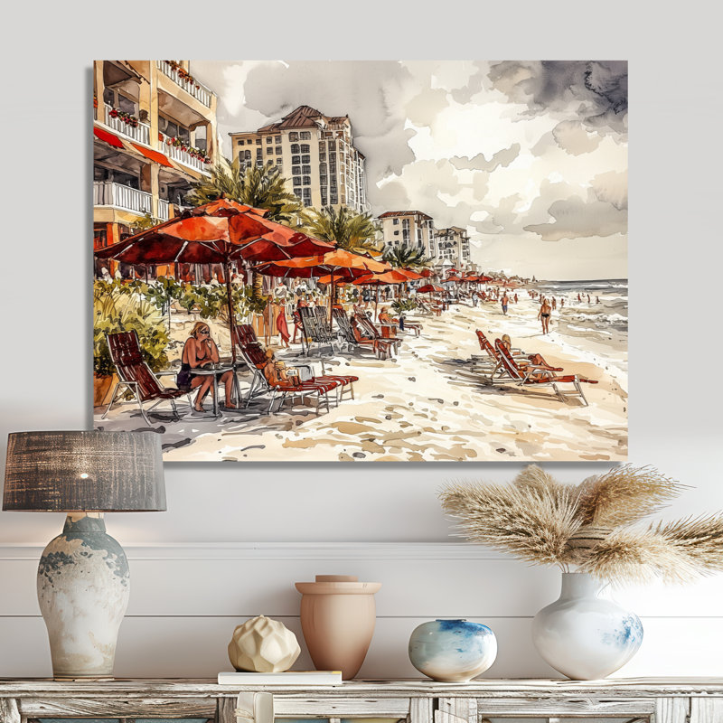 Scène de plage vibrante des années 1950 II - art mural plage et océan, H 34 po x l 44 po, Toile tendue, Ne s’applique pas