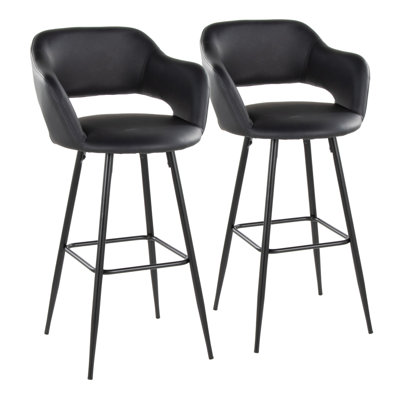 Margarite 30" Contemporary Fixed-Height Barstool In Black Metal And Black Faux Leather With Square Black Metal Footrest By Lumisource - Set Of 2