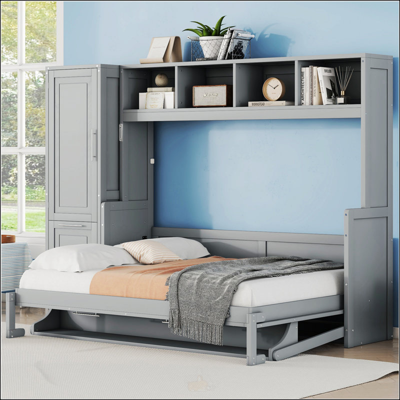 Lit escamotable double avec placard et tiroirs, Gris, Double