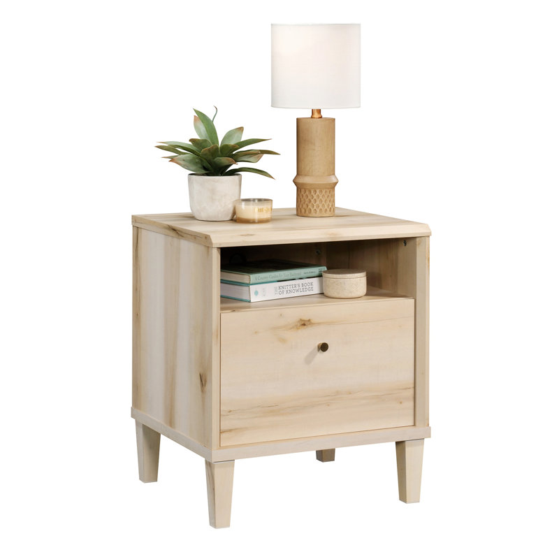 Table de chevet pour chambre à coucher, table de chevet compacte brune avec plateau spacieux, tablette ouverte et tiroir coulissant pour les petites pièces et les dortoirs
