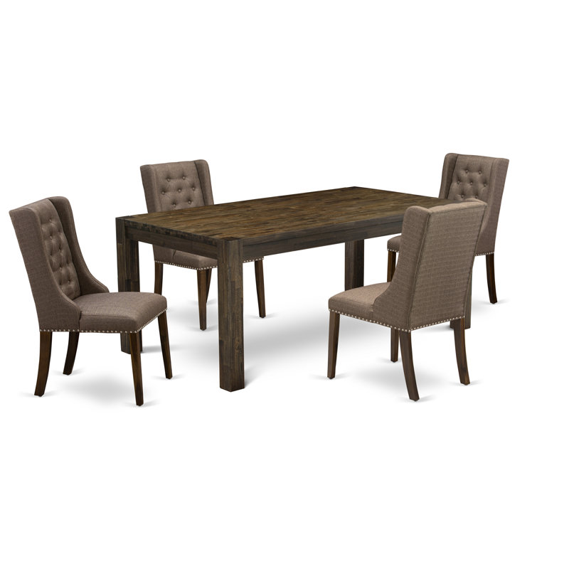 Ensemble de table de salle à manger 5 pièces moderne comprenant une table rectangulaire en bois rustique et 4 chaises rembourrées en tissu de lin brun, noyer antique