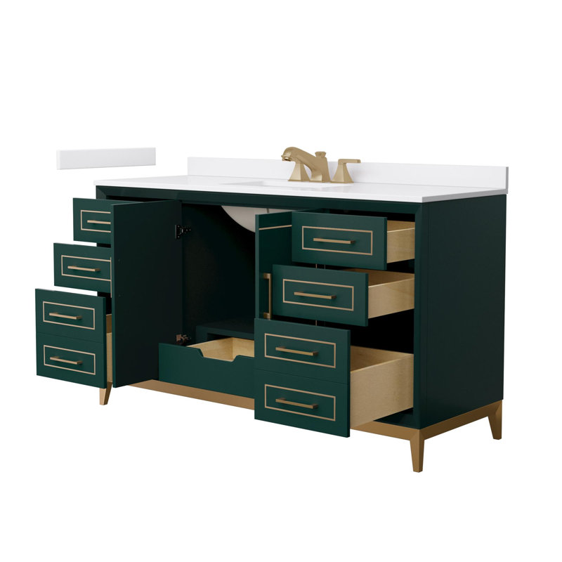 Marlena 60" Freestanding Single Bathroom Vanity with Cultured Marble Top, Satin Bronze, Green, 60"
