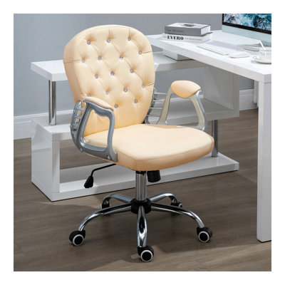 Chaise de bureau en polyuréthane, chaise de bureau capitonnée à boutons avec accoudoirs rembourrés, hauteur réglable et roulettes pivotantes, beige