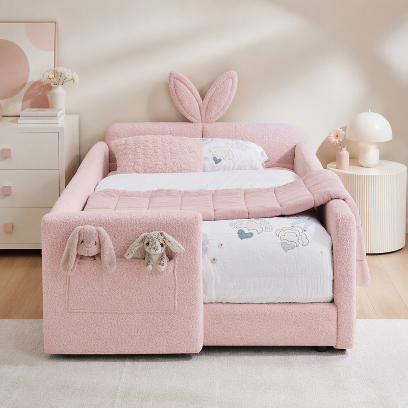 Lit plateforme tapissier simple avec tête de lit en forme d'oreille de lapin, avec barrière de sécurité et poche, tissu bouclé, rose