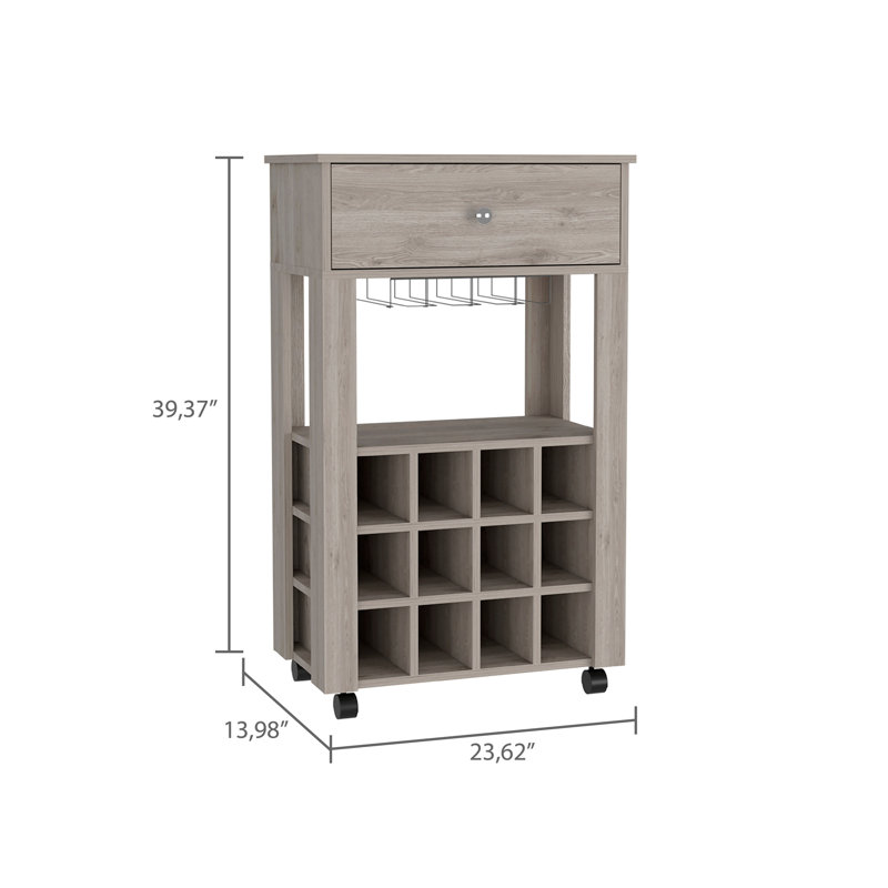 Chariot-bar, douze porte-bouteilles encastrés, quatre pieds, une tablette ouverte, Gris