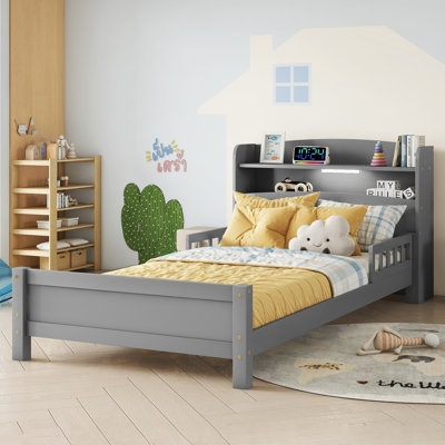 Solid Wood Platform Bed With Bookcase Headboard, Footboard, Adjustable Guardrails, Led Sensor Light by Lark Manor