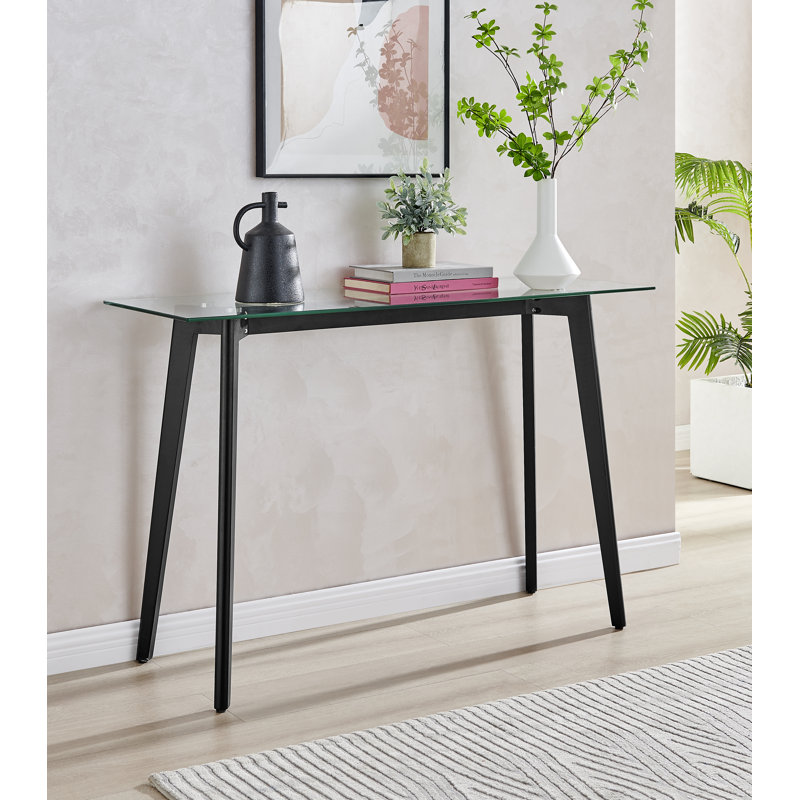 Sala Scandinavian Style Glass and Wood Narrow Hallway Console Table, Black