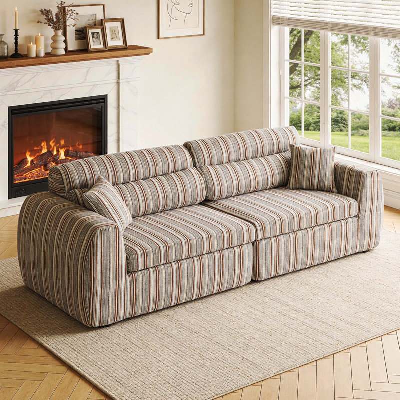 Canapé tissé à rayures en chenille tissé, canapé droit compact avec éponge haute densité, canapé sans assemblage pour un salon, un appartement et un bureau, blanc et brun