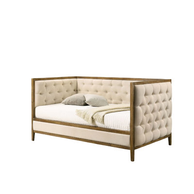 Transitional Twin Size Daybed With Diamond Tufting, Natural Oak, Wood Trim, Mattress Ready For Living Space Oak Featuring Style, Room