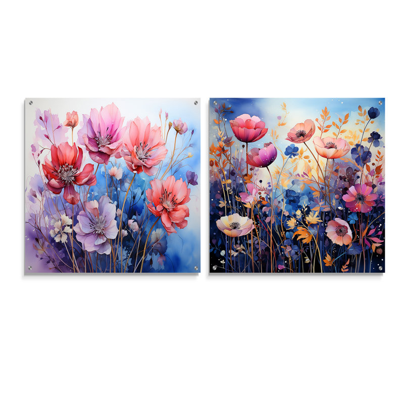 Bleu et jaune, botanique, sérénade - ensemble de 2 peintures murales abstraites en acrylique, H 36 po x l 73 po