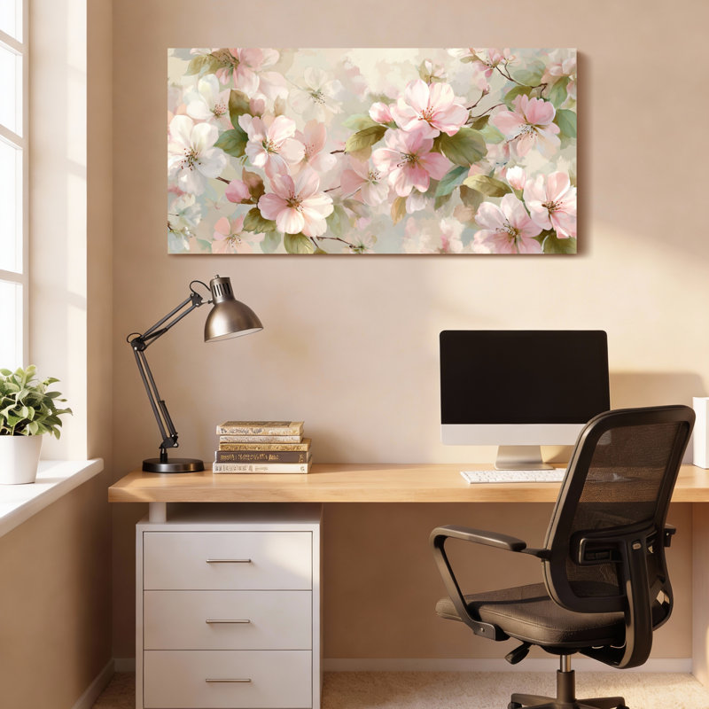 Ensemble de 1 tableau sur toile tendue à motif floral de fleurs de cerisier, H 28 po x l 58 po