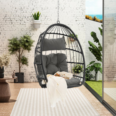 Outdoor Egg Swing Chair In Deep Gray - For Porch, Basement, With Waterproof Cushion Modern Dark Comfortable Patio, Poolside, Apartment Frame