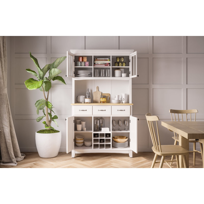 Sideboard with Bar Hutch, Natural Wood, Off-White