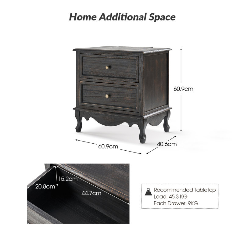 Hippe 61cm W Transitional Wood Bedside Table with Charging Station and Cord Management, Charcoal