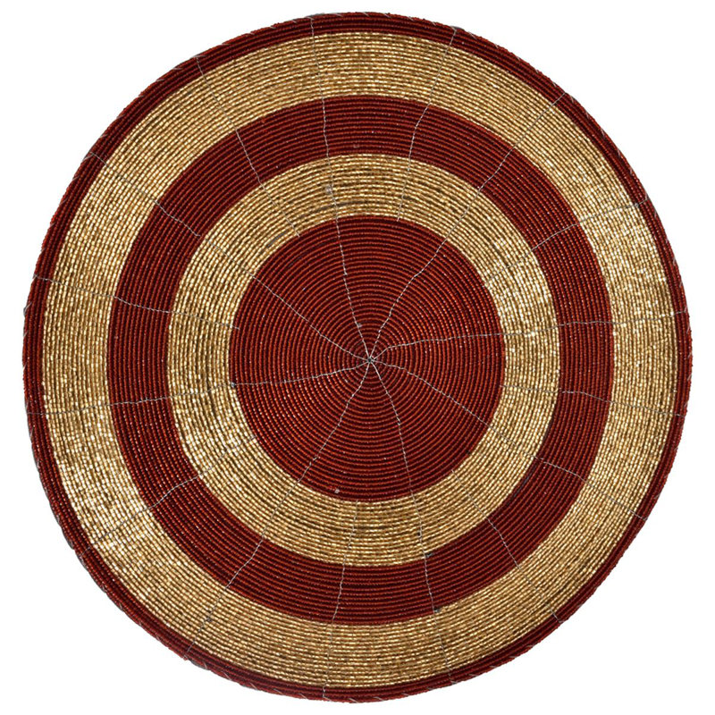 Penman Handmade Round Beaded Placemats Set of 4 – 14-inch Scratch-Resistant Table Decor Christmas Gift, Red Gold