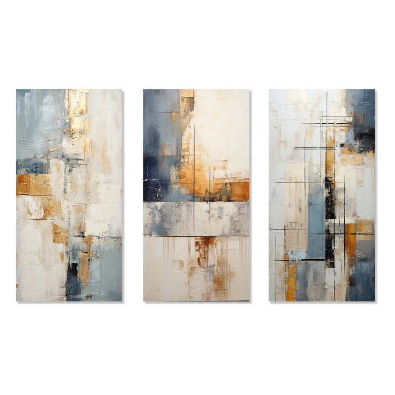 Abstrait beige et doré, collage sur route - ensemble de salon abstrait 3 pièces, H 40 po x l 60 po, Toile tendue