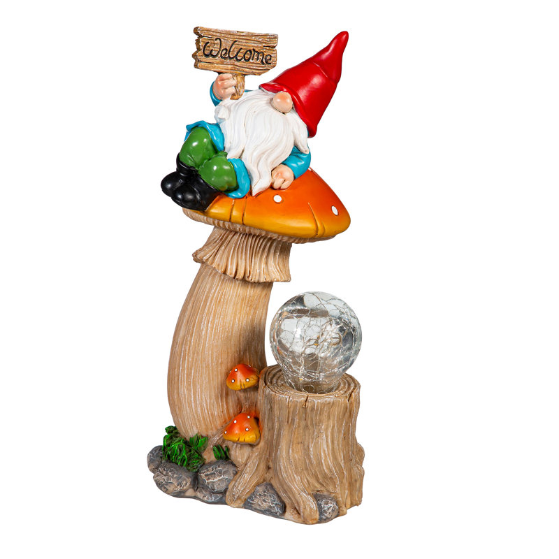 Solar Resin Gnome On Mushroom Statue, 9"H