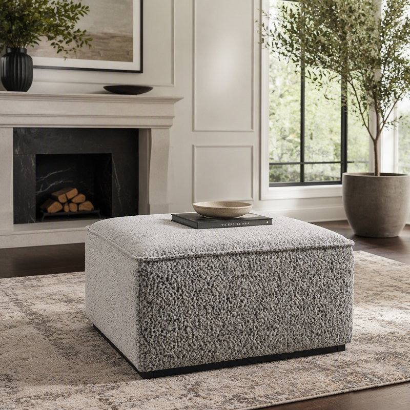 Square Upholstered Ottoman with Solid Wood Rubber Feet