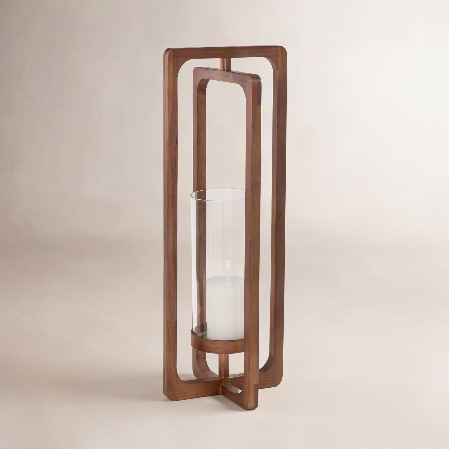 Handcrafted Wood Lantern Candle Holder, Brown, 24" H x 9.5" W x 9.5" D