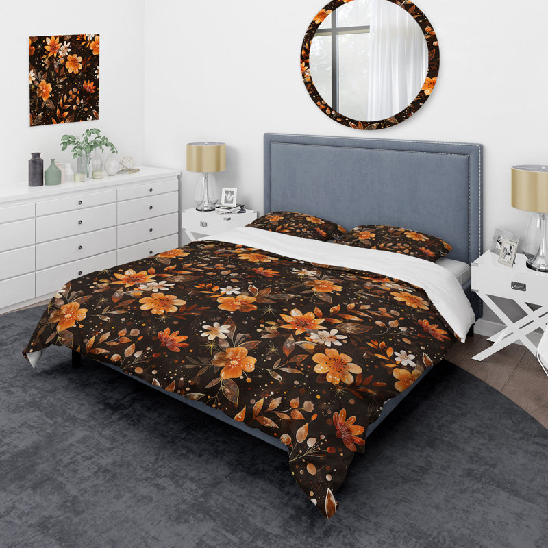 Ensemble de housse de couette Brown Gold Flower Gardens - Glam, Housse de couette pour grand lit + 2 taies décora